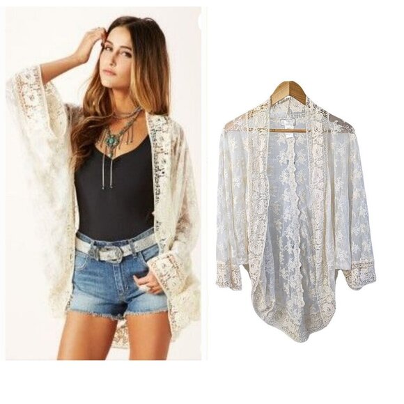 Nightcap Sweaters - Revolve NIGHTCAP by Carissa Rene Ivory Lace Kimono Cardigan Size 1/XS
